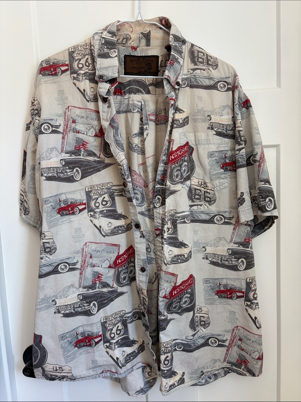 100% cotton vintage  Route 66 Button-Up Shirt - Beige with Red & Black Print